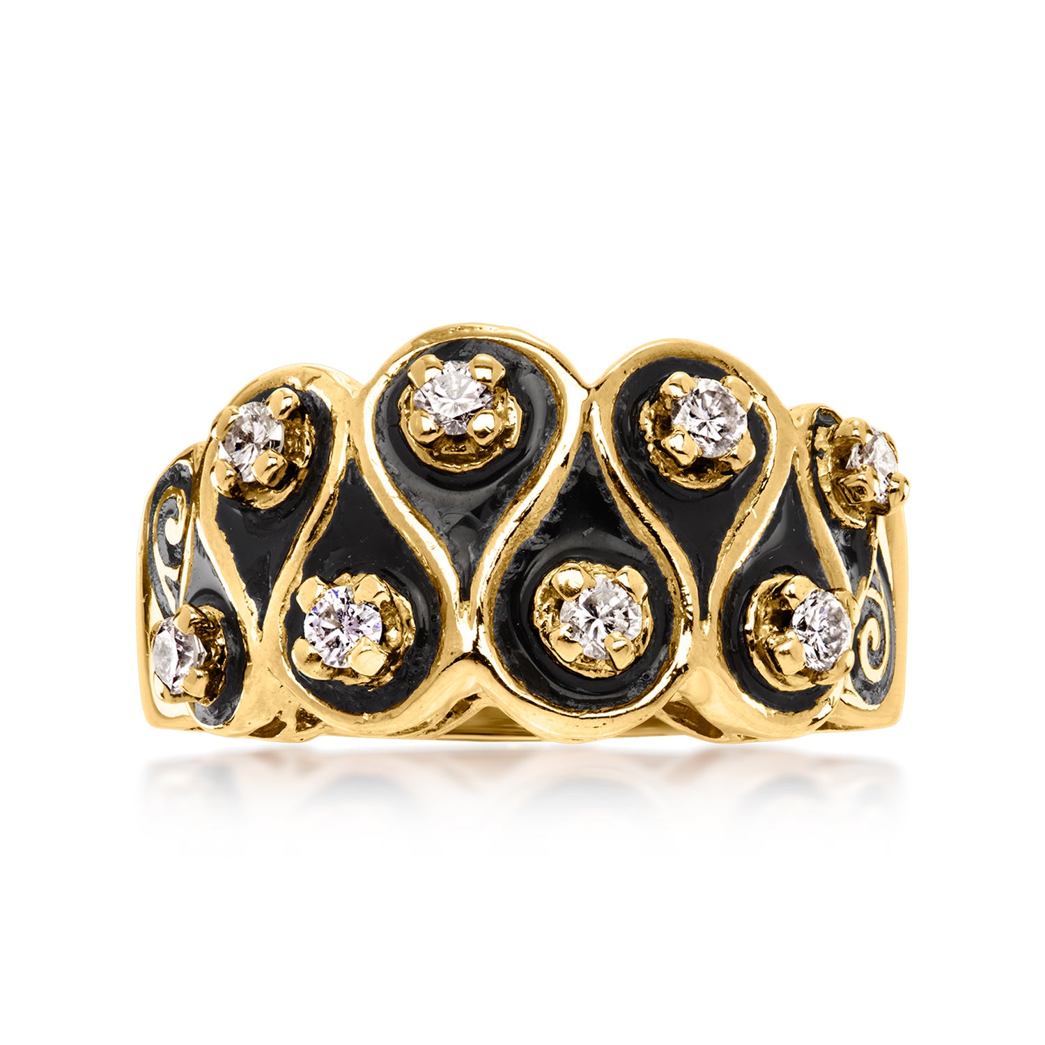 C. 1980 Vintage Black Enamel and .36 ct. t.w. Diamond Ruffled Ring in 14kt Yellow Gold