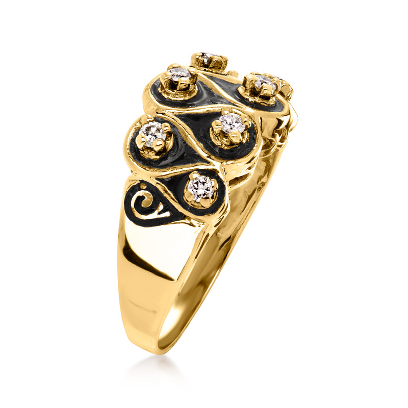 Vintage black enamel diamond ruffled ring in 14kt yellow gold, side view