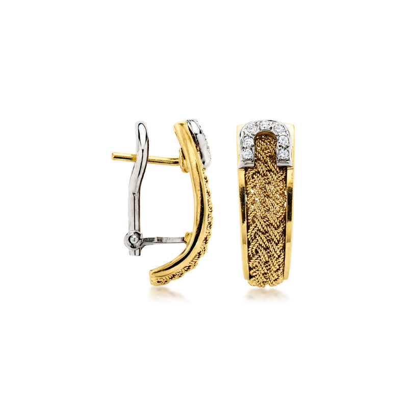 Two-tone gold curved hoop earrings with diamond accents and textured gold center