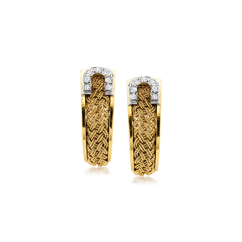 Two-tone gold hoop earrings with textured face and diamond halo trim at top