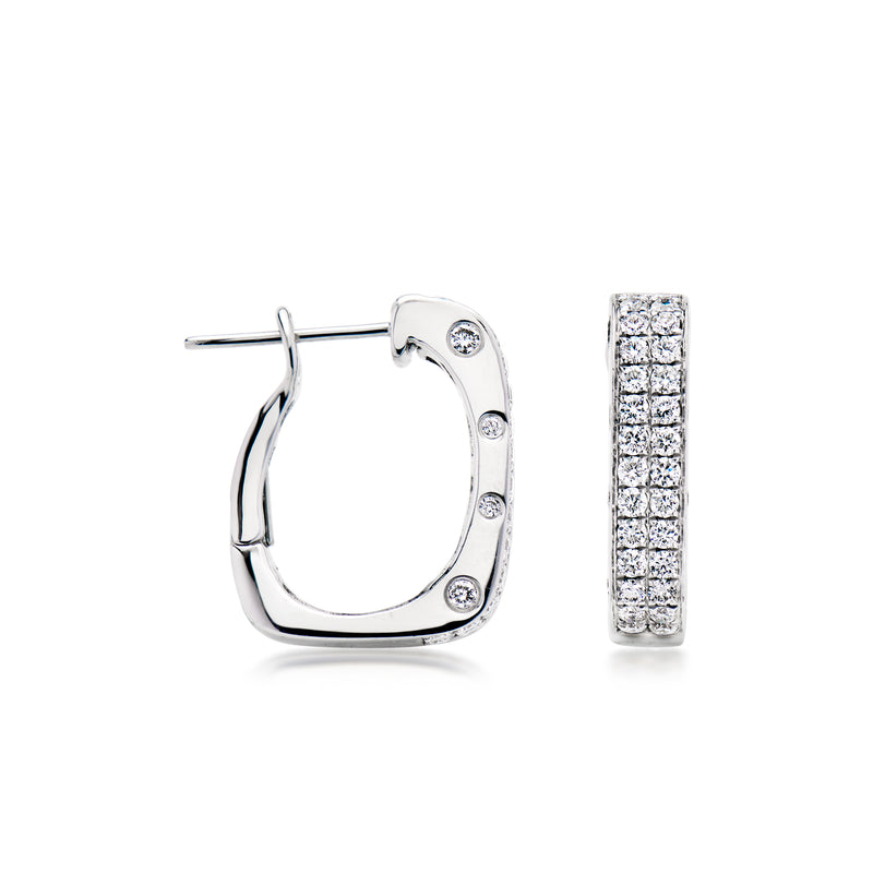 Squared diamond hoop earrings in white gold with leverback closures