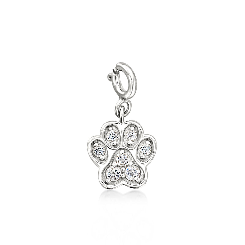 Sterling silver paw print charm with clear stones and small hoop