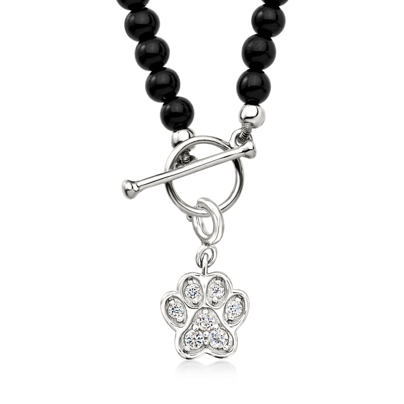 Black bead bracelet necklace with silver toggle clasp and paw print charm