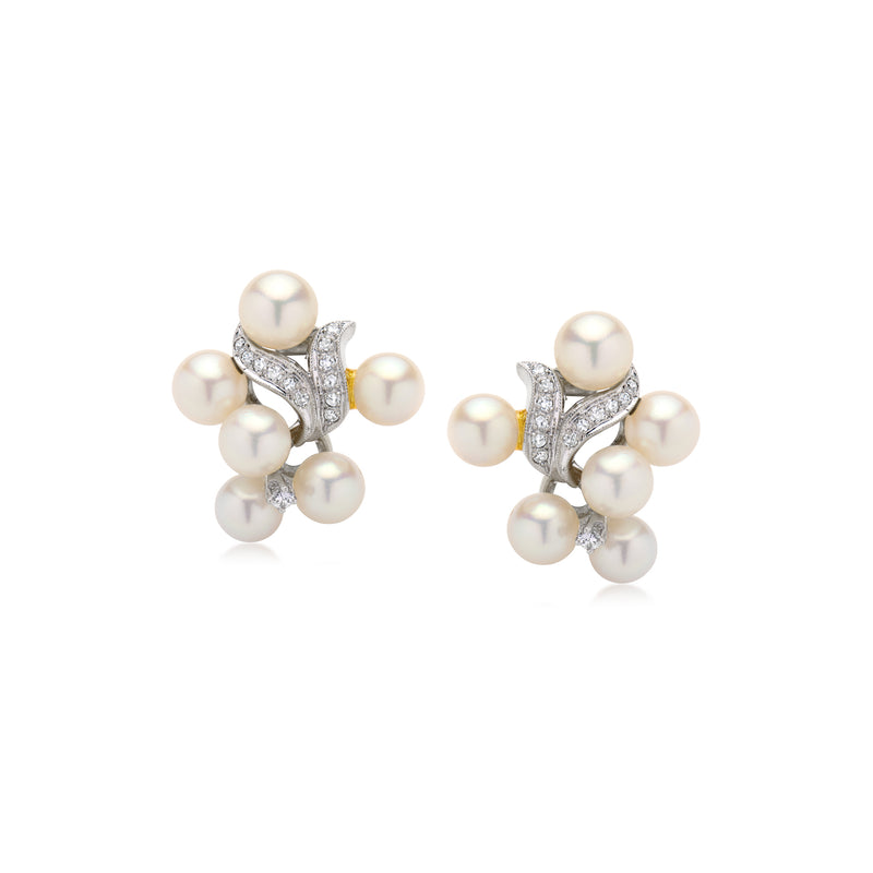 14kt white gold clip-on earrings with clustered cultured pearls and diamond accents