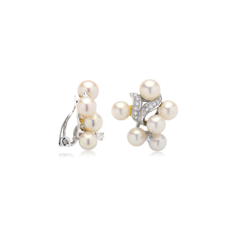 14kt white gold clip-on earrings with cultured pearl cluster and curved diamond details