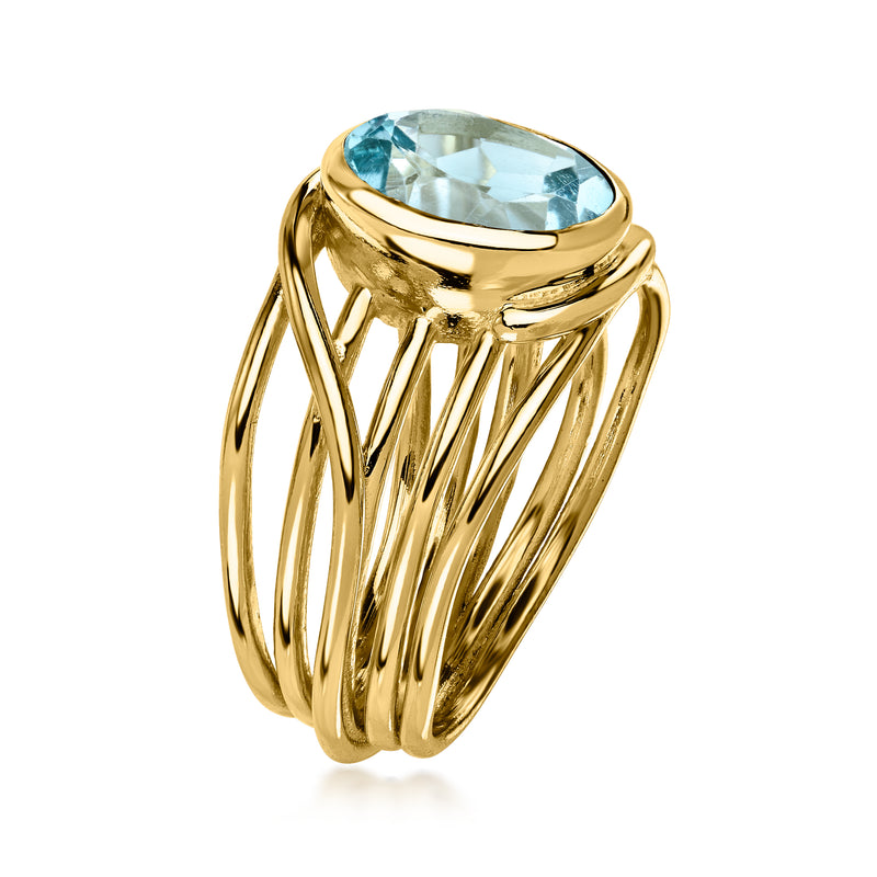 Gold-tone oval sky blue topaz ring with tall split shank and bezel setting