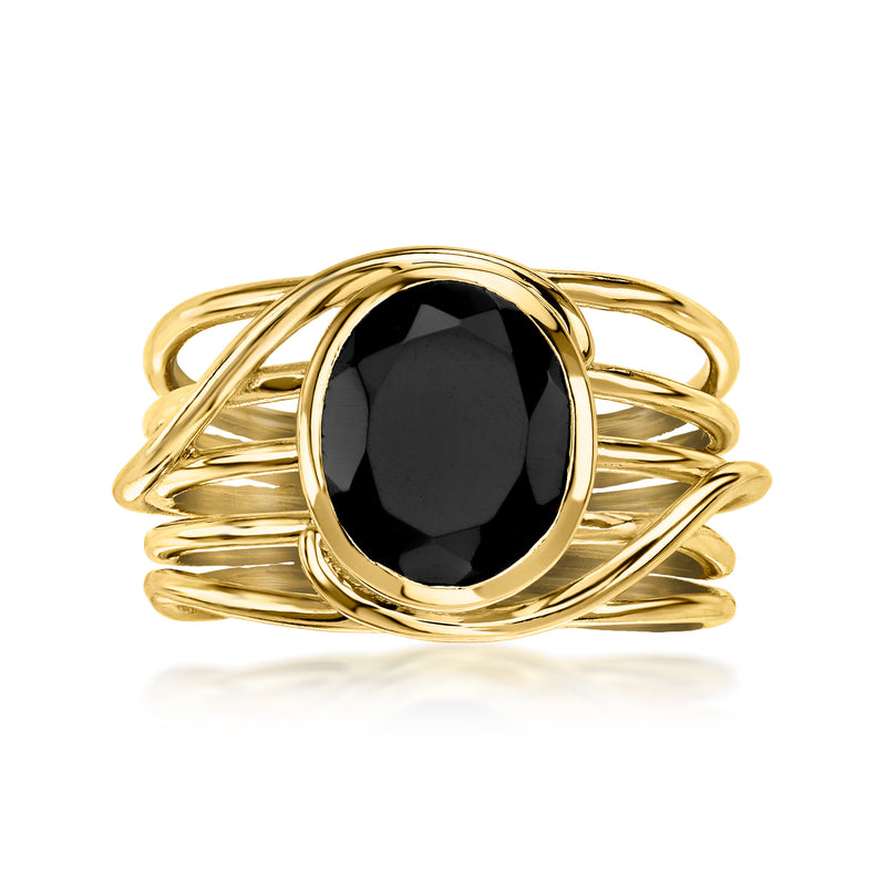 Gold over sterling ring with oval black onyx centerpiece and braided band