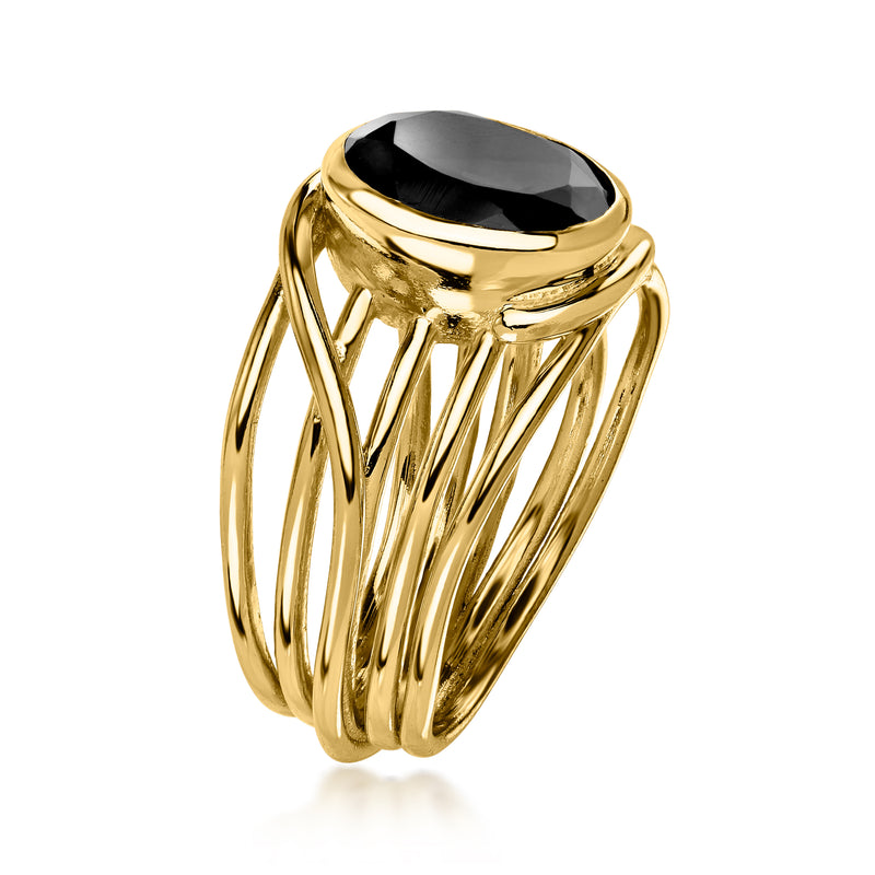 Gold tone oval black onyx ring with multi-wire stacked band