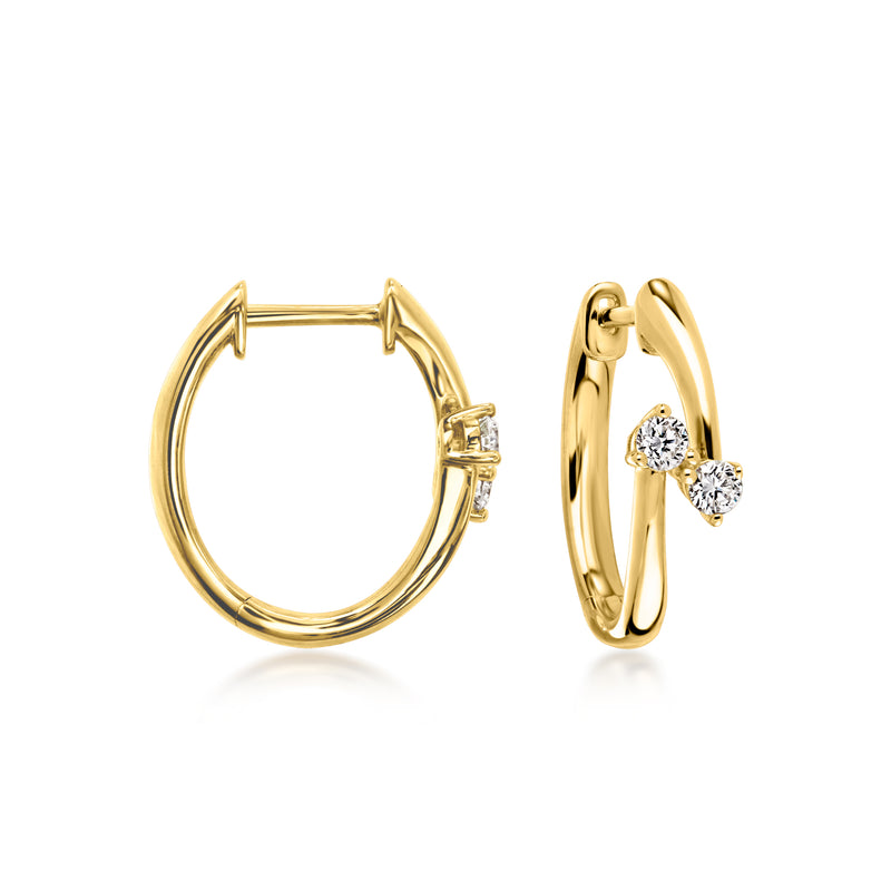 Gold overlapping hoop earrings with small round lab-grown diamond accents