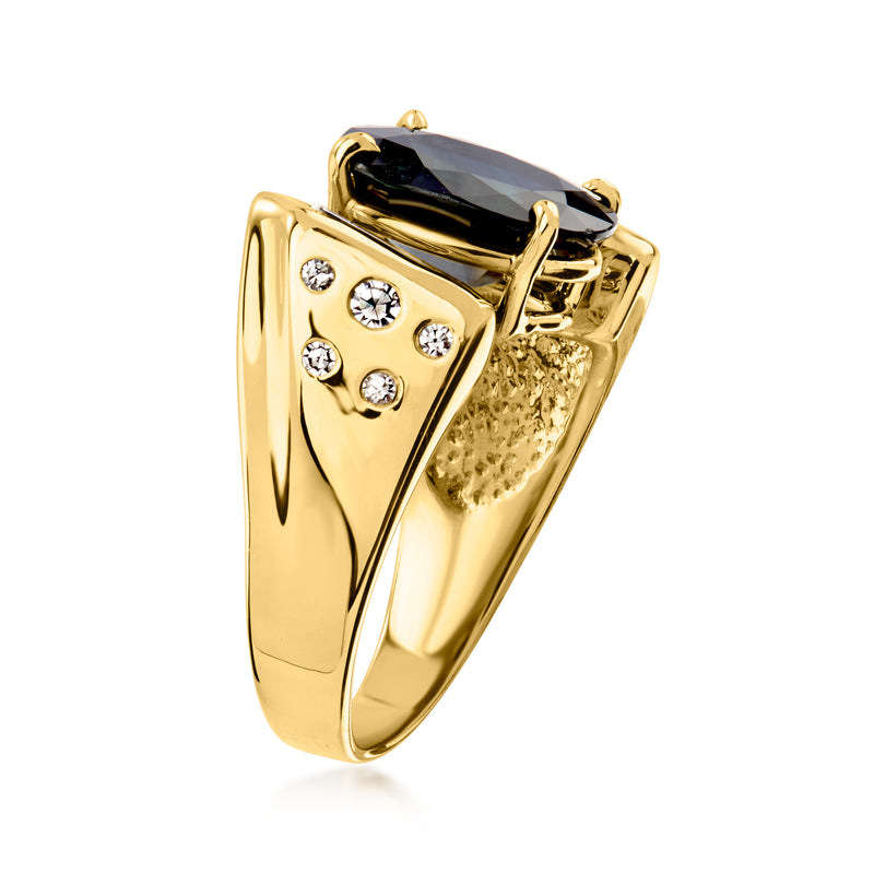 14kt yellow gold ring with dark blue sapphire set in ornate diamond shoulders