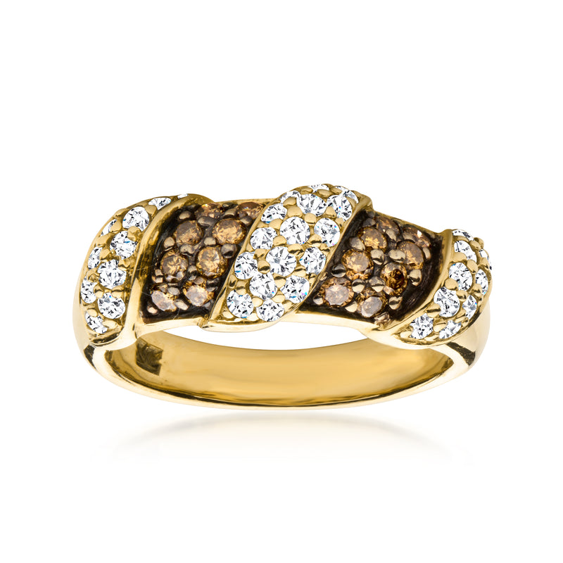 Twisted yellow gold diamond ring with white and brown stone accents