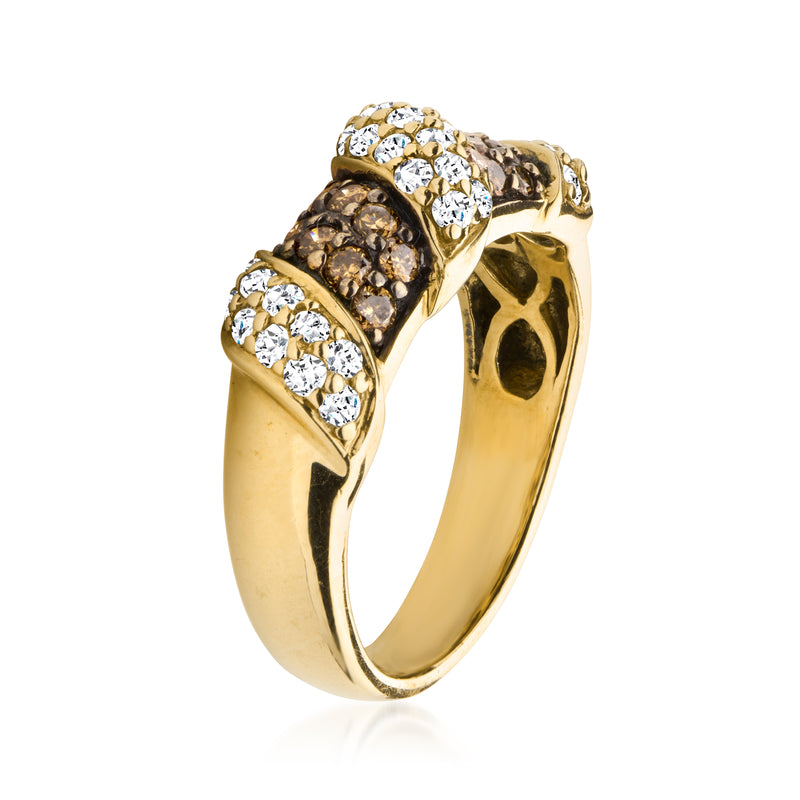 Twisted yellow gold ring with white and brown diamond rows, side view
