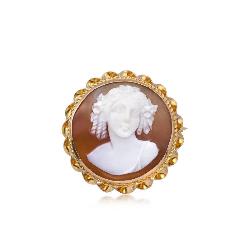 Vintage shell cameo pin with brown background, white profile in 10kt yellow gold frame