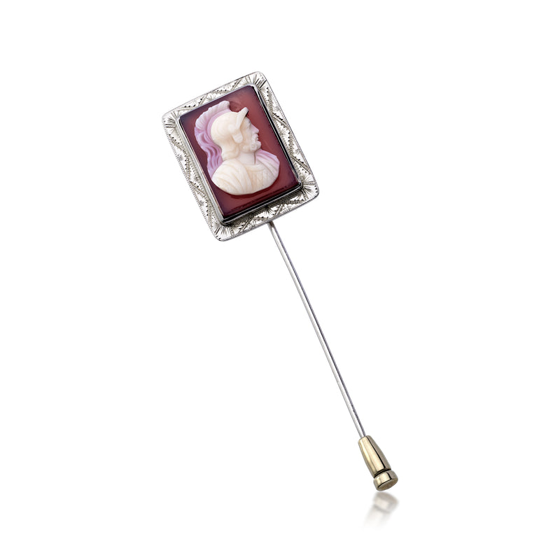 White gold stick pin with red agate cameo Roman warrior in square bezel