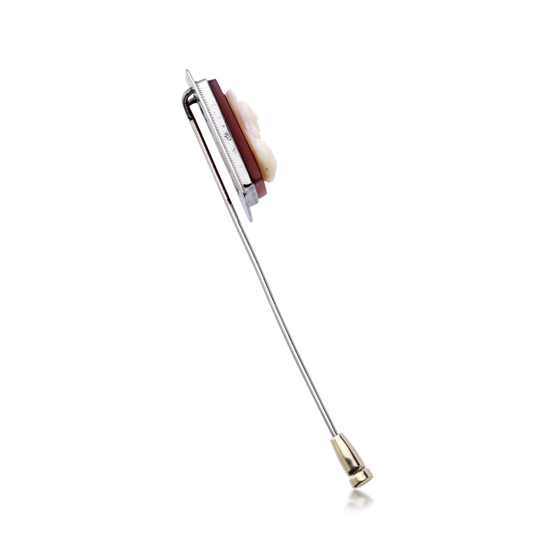 White gold stick pin side view with red agate cameo and hinge safety clasp