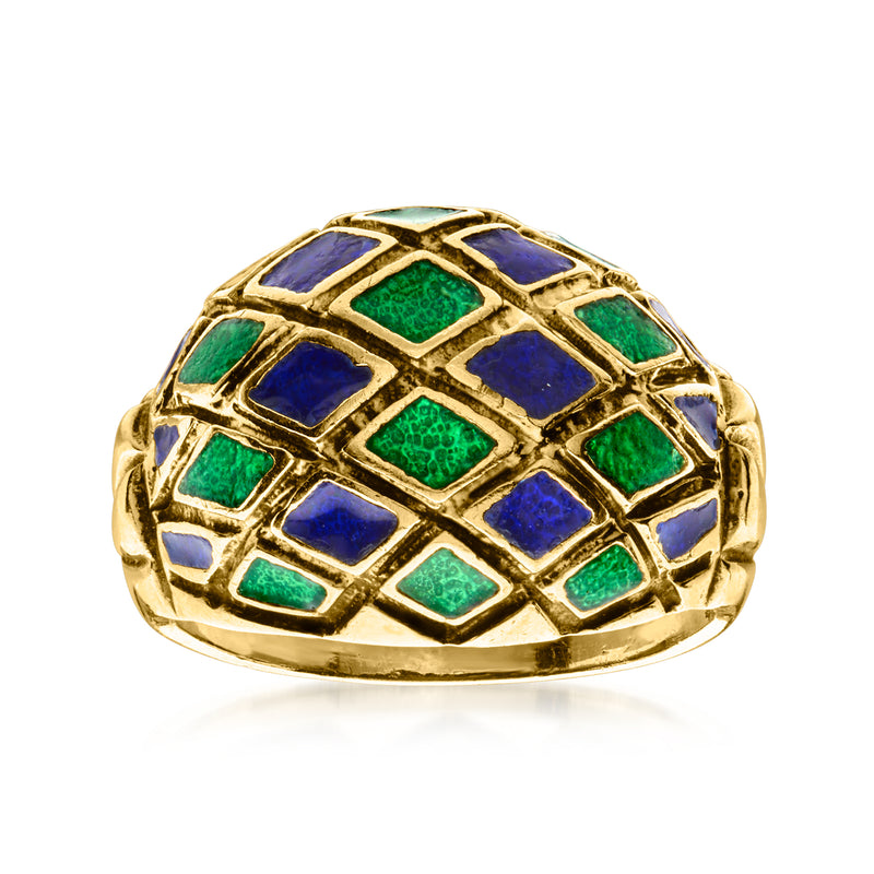 14kt gold enamel ring with blue and green mosaic squares, oval dome setting