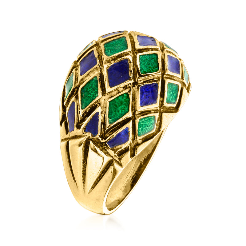 14kt gold enamel ring, side view, blue and green square lattice dome