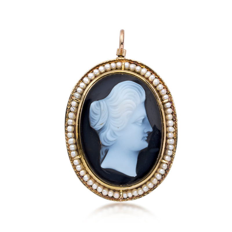 14kt yellow gold cameo pendant with oval black agate and seed pearl border