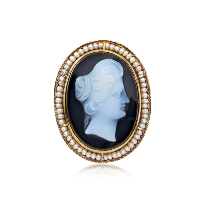 Oval cameo pendant in 14kt yellow gold with blue profile cameo and pearl edge