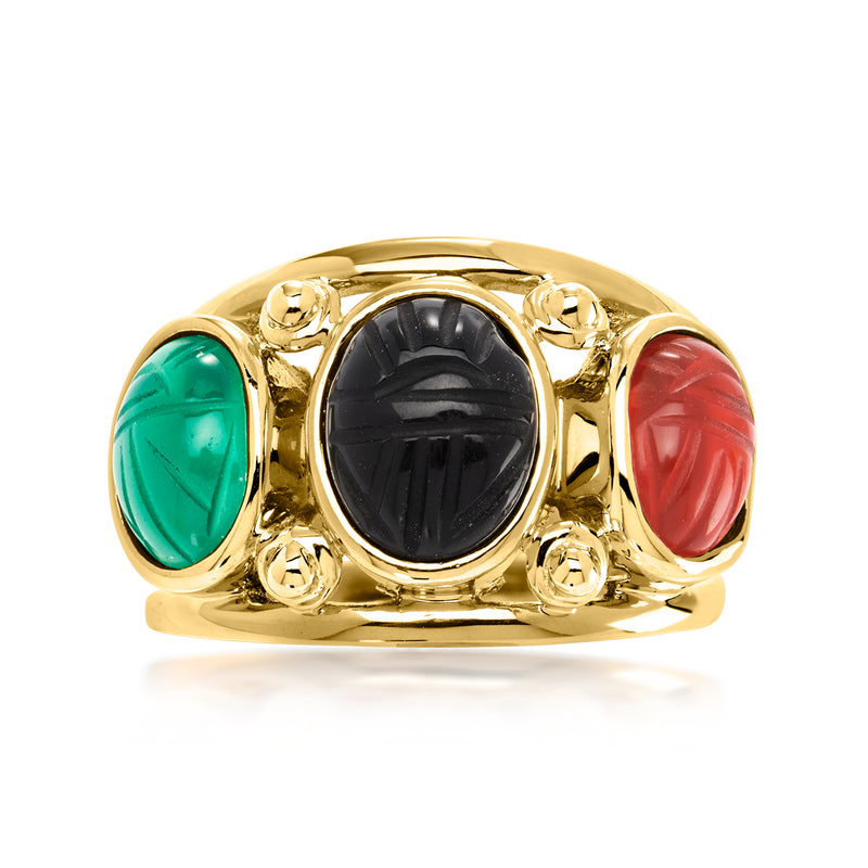 14kt yellow gold scarab ring with oval black, green, and red gemstone inlays