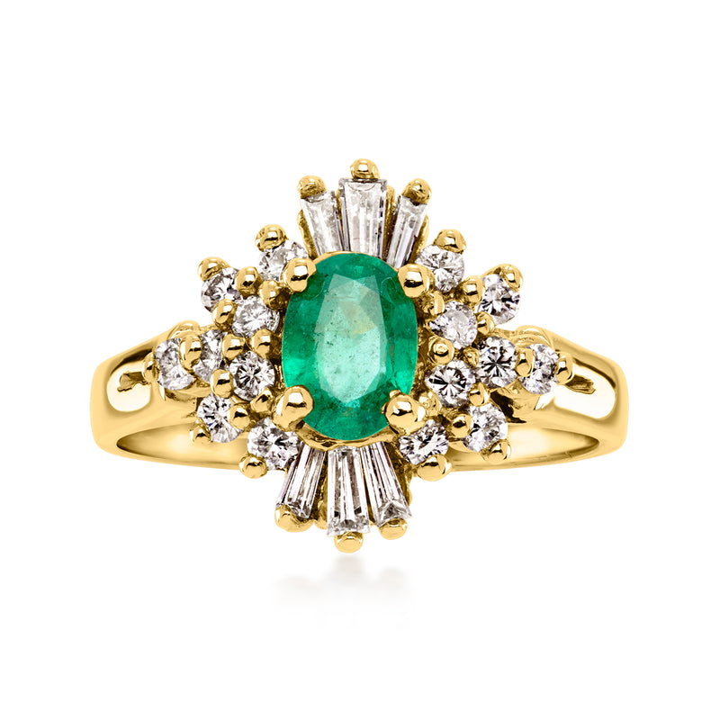 14kt yellow gold emerald ring with emerald center, diamond halo and baguette accents