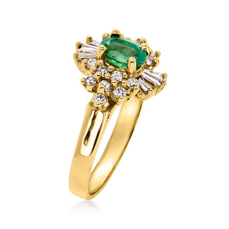 14kt yellow gold emerald ring, green emerald center with diamond side stones
