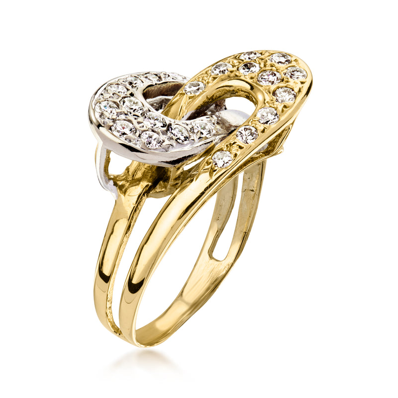 Two-tone gold interlocking loop diamond ring with clustered stones, angled view