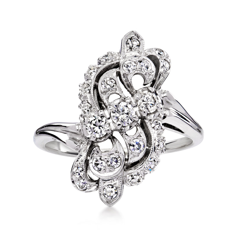 Openwork diamond ring in 18kt white gold with floral scroll cluster and marquise stones