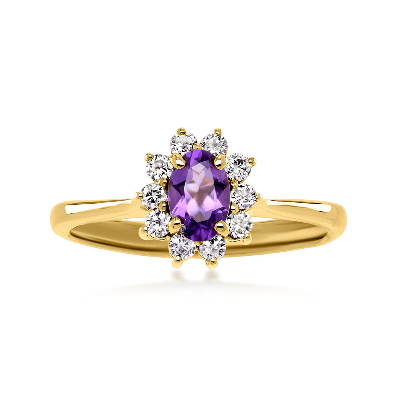 Vintage yellow gold ring with oval amethyst center and diamond halo cluster