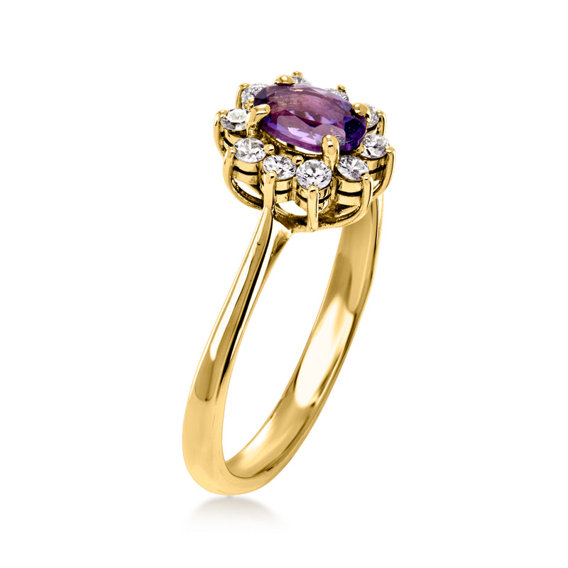 Vintage yellow gold amethyst ring with diamond halo, angled side view