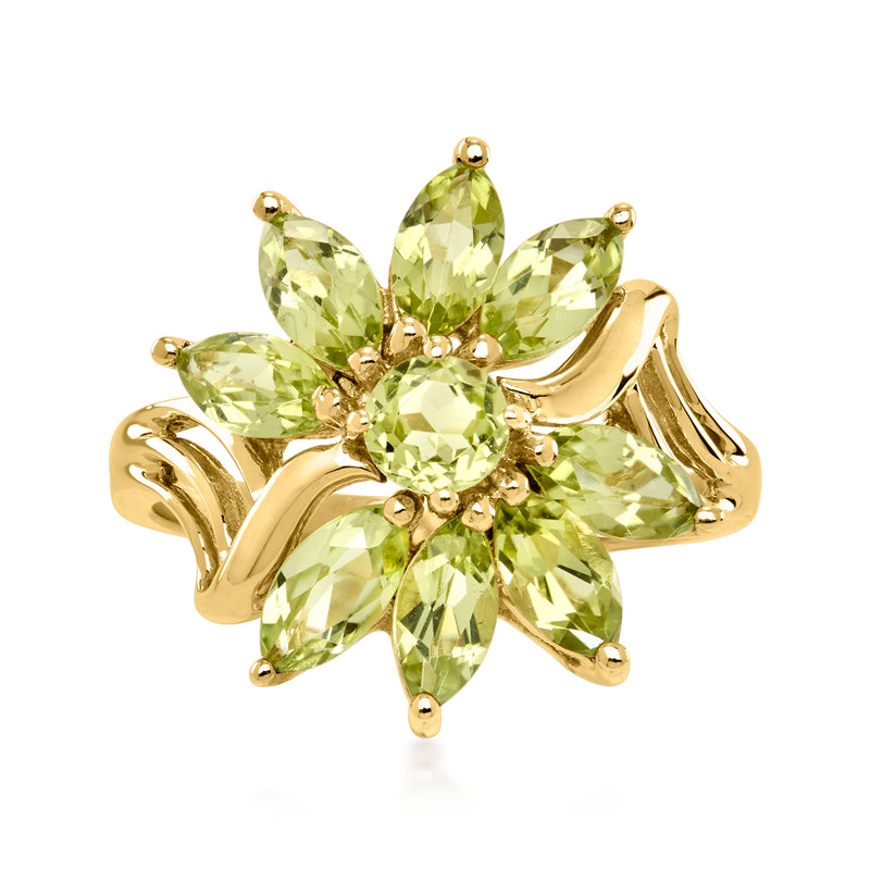 Yellow gold peridot flower ring with marquise stones and scalloped claw settings