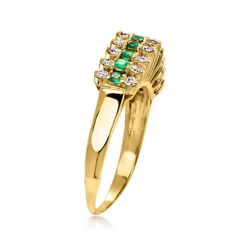 14kt yellow gold ring with emerald center stones and diamond halo prongs