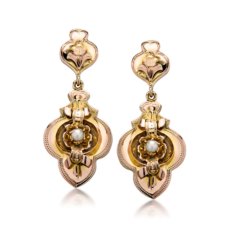 Gold drop earrings with round cultured pearl and ornate heart-style filigree setting