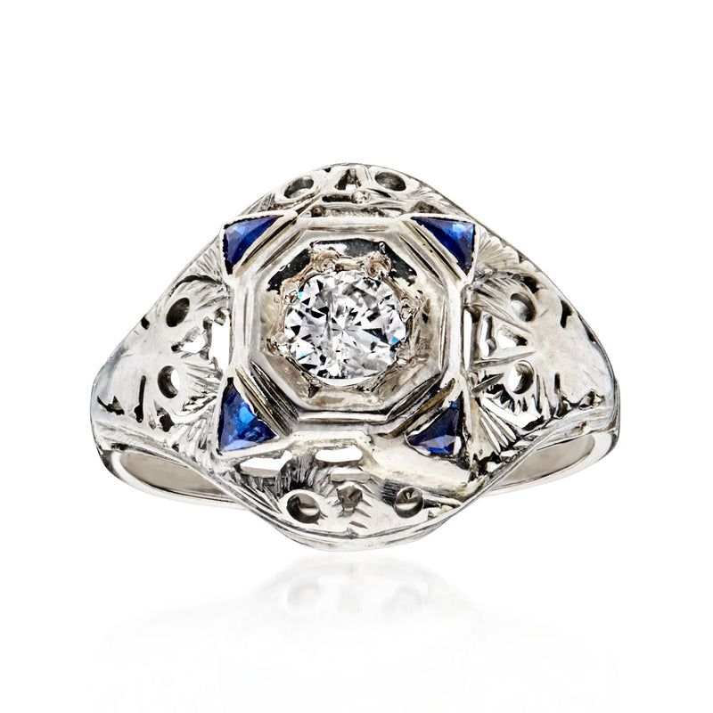 C. 1950 Vintage .35 Carat Diamond Filigree Ring with .20 ct. t.w. Synthetic Sapphires in 14kt White Gold. Size 6.5