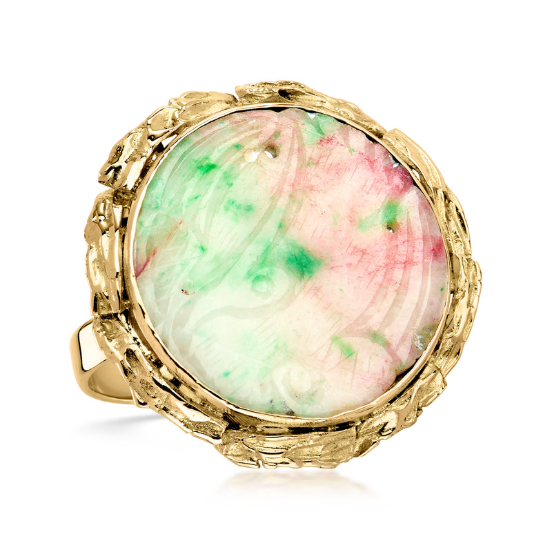 Vintage multicolored jade ring, oval cabochon, ornate 14kt yellow gold setting