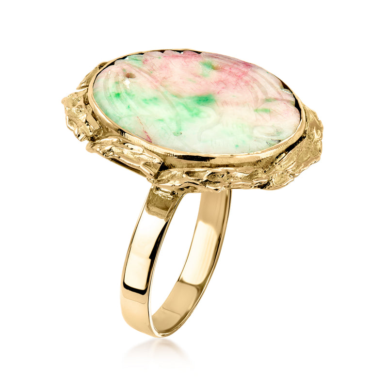 Vintage multicolored jade ring with oval cabochon and raised 14kt yellow gold band