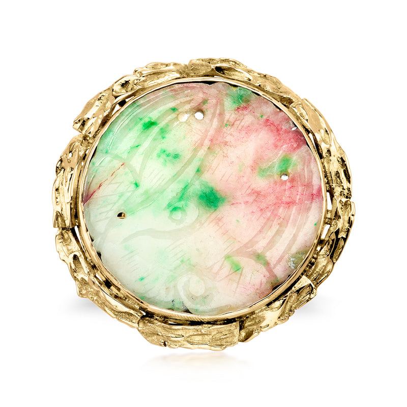 Vintage multicolored jade ring, oval cabochon in textured 14kt yellow gold bezel