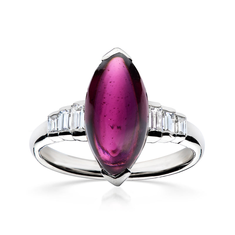 Platinum navette garnet ring with baguette diamond shoulders, size 7