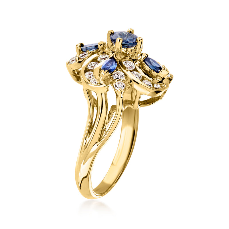 14kt yellow gold swirl ring with blue sapphire center and white diamond accents, side view