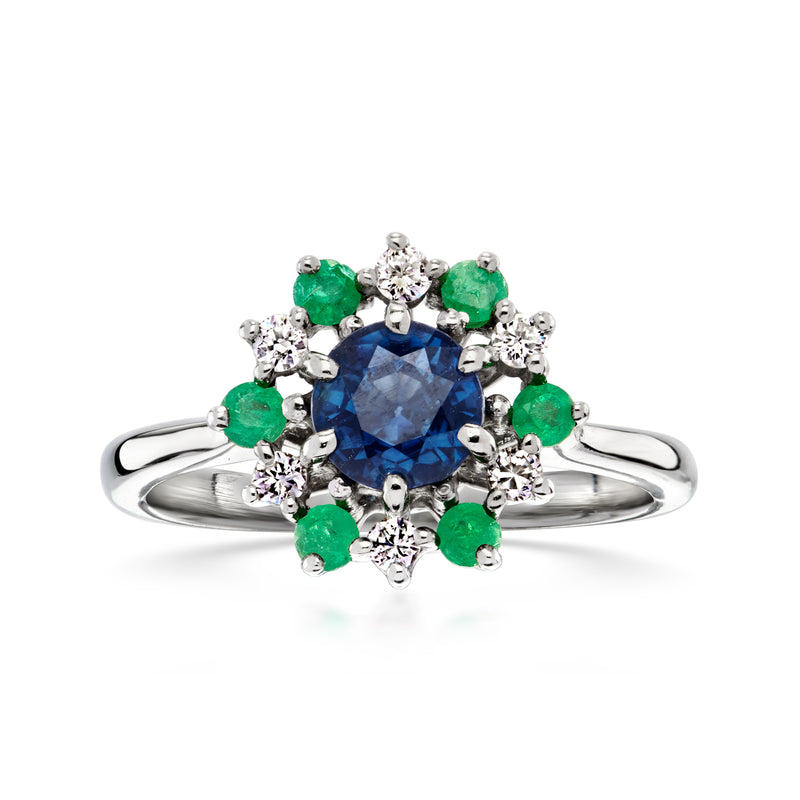 Vintage sapphire and emerald flower ring in 18k white gold with diamond accents