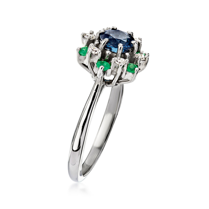 Angled vintage sapphire and emerald flower ring in 18k white gold with diamonds