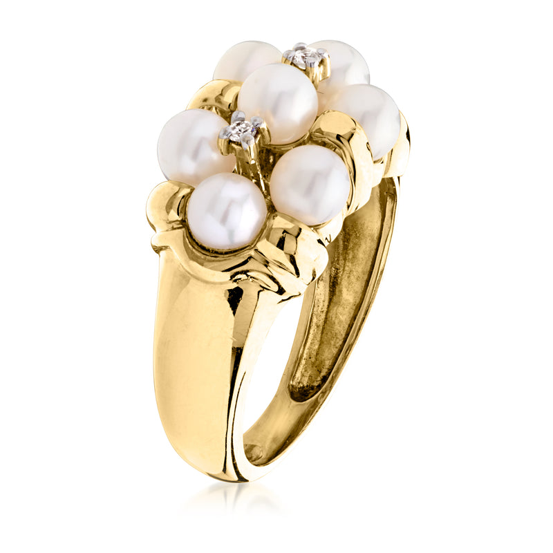 14kt yellow gold ring with round pearl cluster, diamond settings, side view
