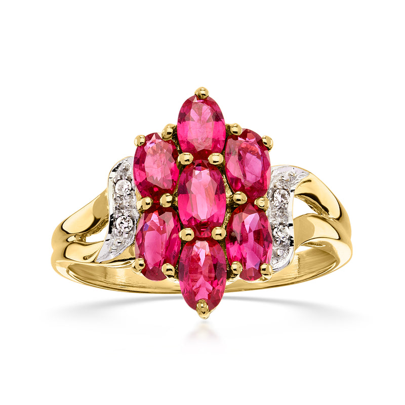 18kt yellow gold ruby and diamond cluster ring with oval pink stones