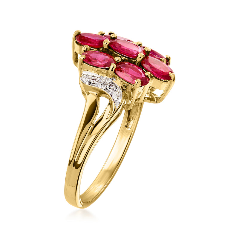 18kt yellow gold ruby and diamond cluster ring, side view of oval pink stones