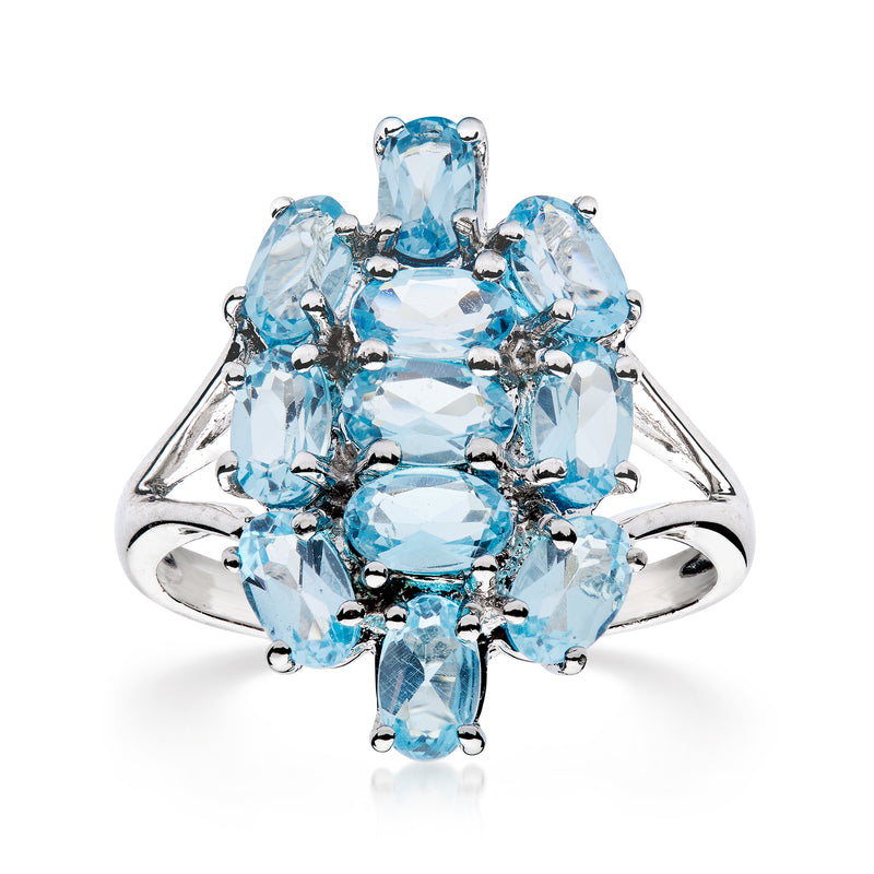 Sky blue topaz cluster ring in white gold with cushion and oval stones, size 7
