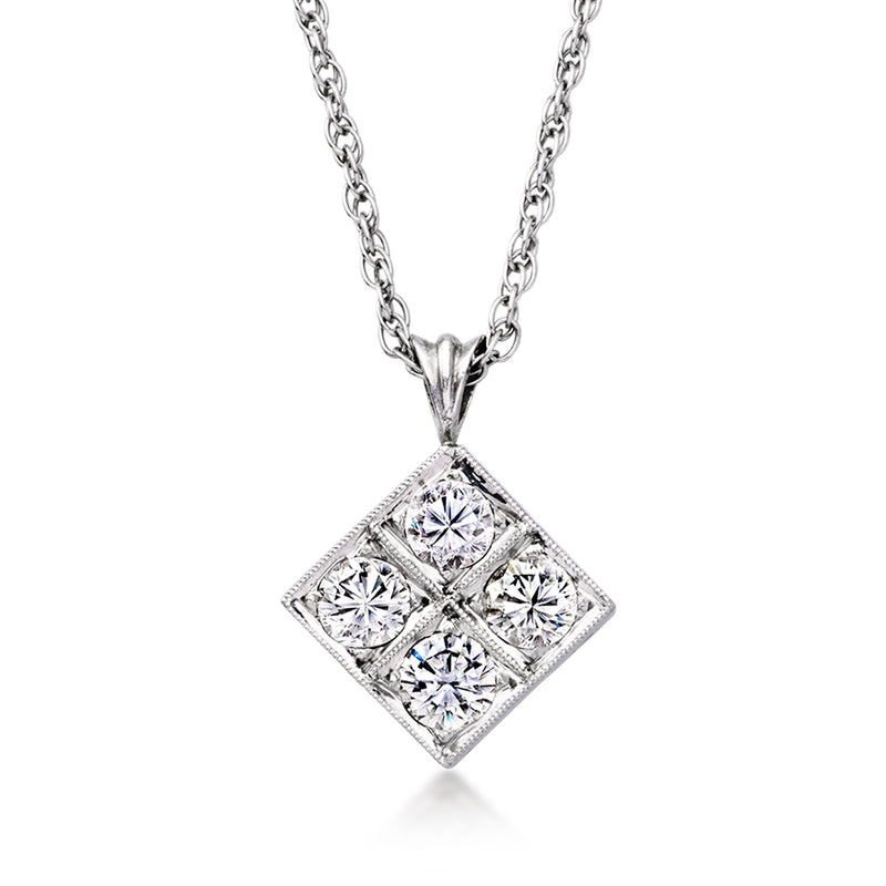 White gold diamond pendant necklace with square multi-stone setting and link chain