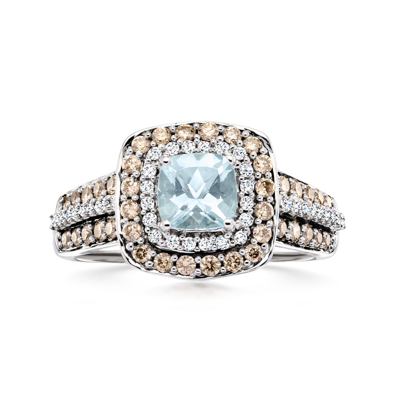 Square aquamarine center ring with diamond halo and brown/white stones in white gold
