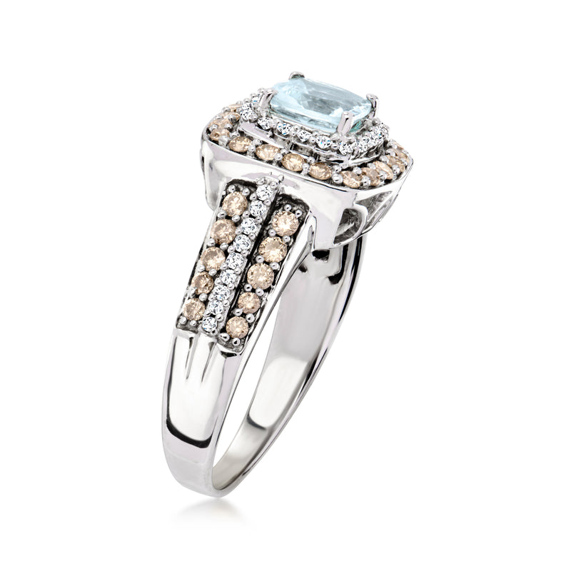 Aquamarine gemstone ring with prong-set halo and pave diamond bands in white gold