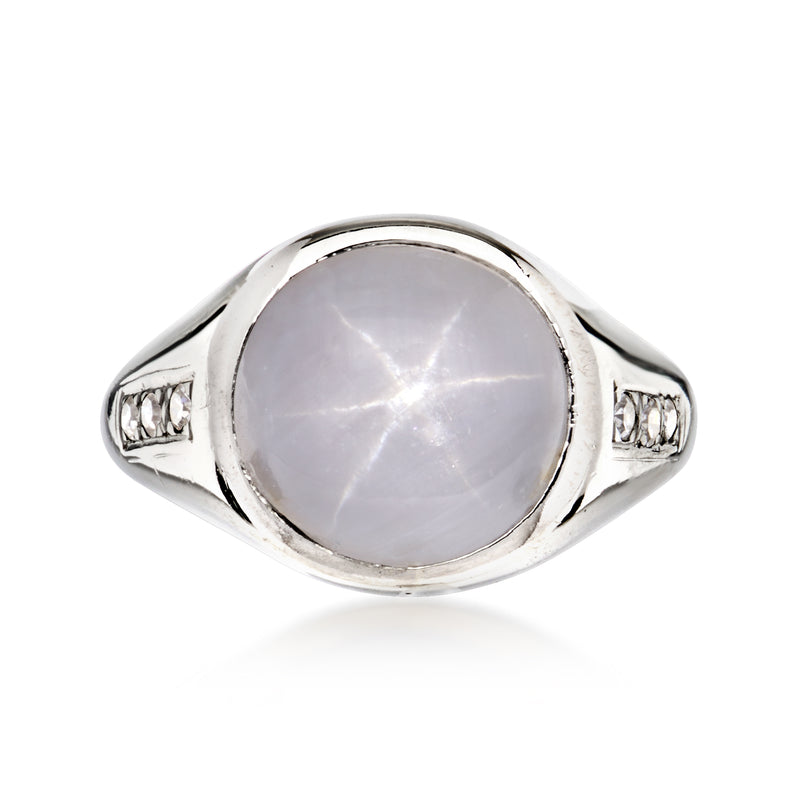 Vintage star sapphire ring, 14kt white gold, gray oval stone with diamond accents