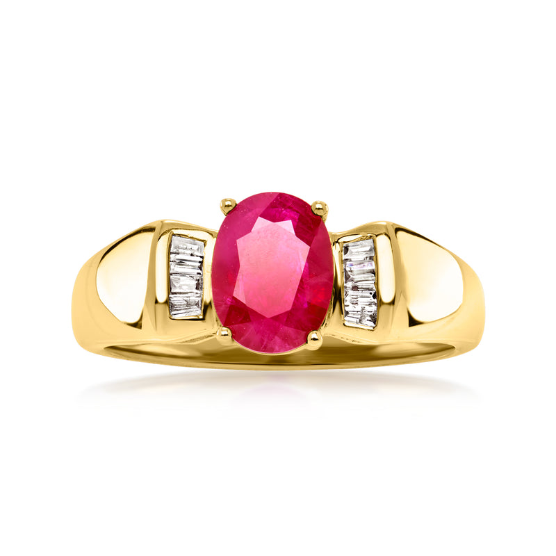 14kt yellow gold ring with oval ruby center and baguette diamond side stones